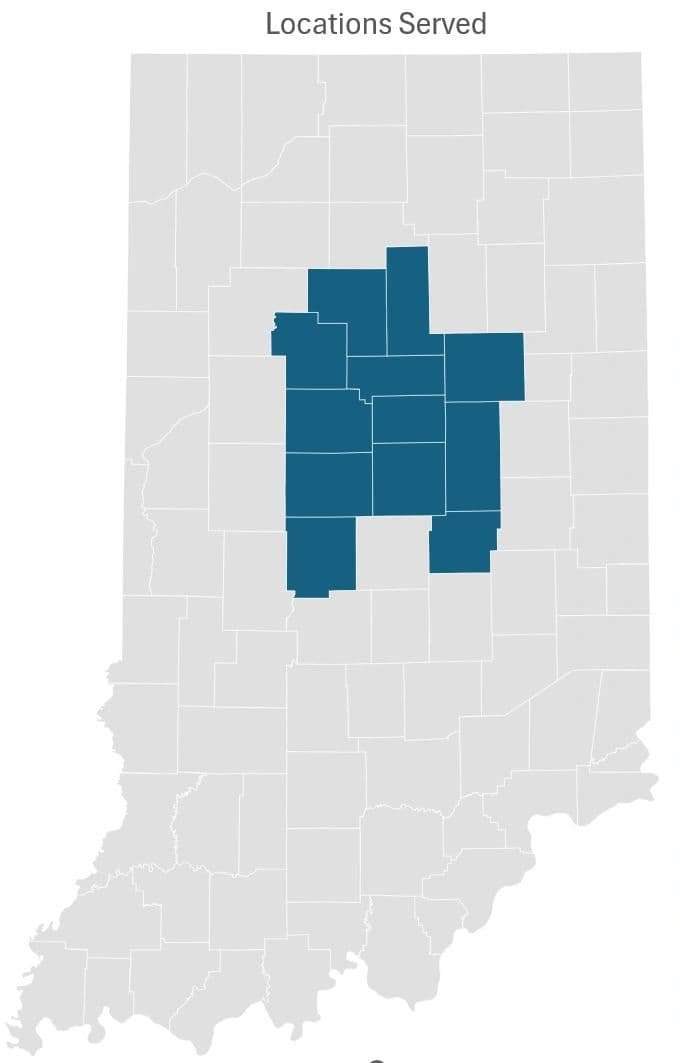 Map of Indiana counties served by Hoosier Spray Foam